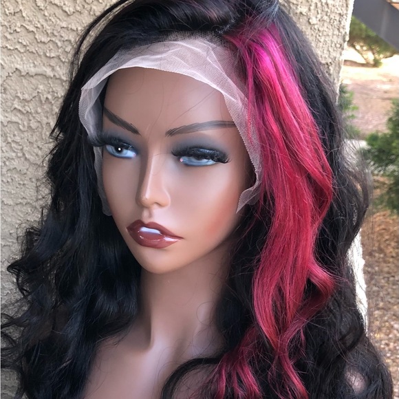 Sold ❗️ 100% Human Hair Lace Front Wig • Body Wave 28” Black w/ Hot Pink Stripe - Picture 11 of 15